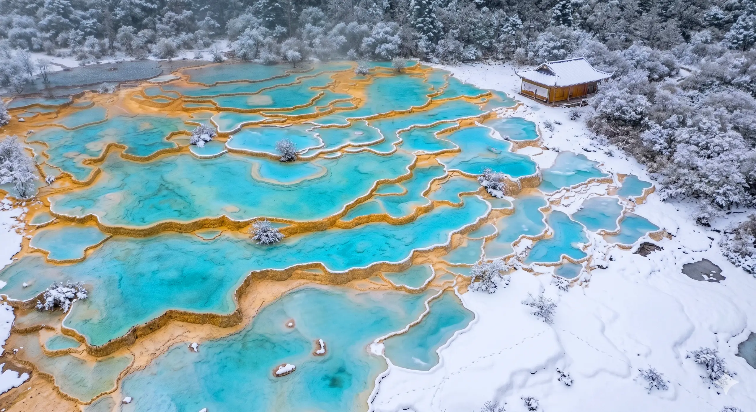 Huanglong colourful pools in snow